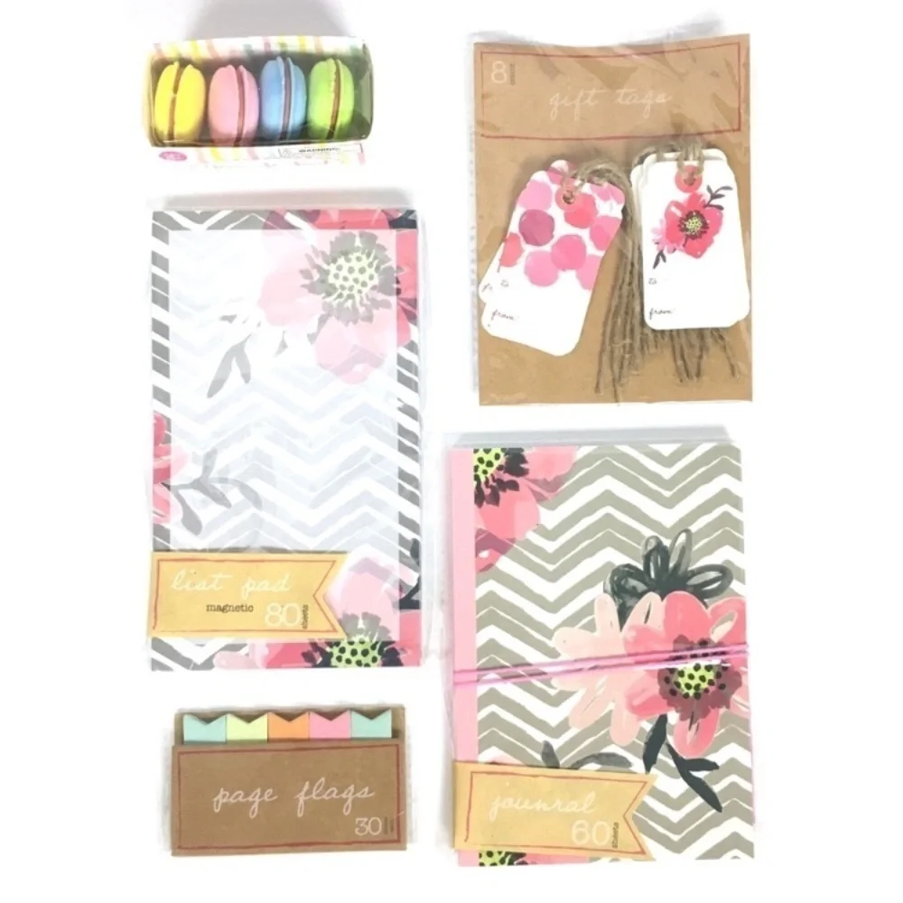 Floral Stationery Set Journal Notepad Macaroon Erasers Gift Tags Page Flags NWT